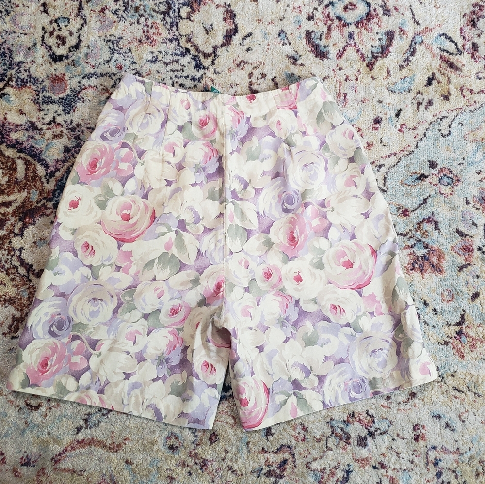 90s Floral Linen Cotton Shorts High Waisted Pleated Estimated Size 28 Waist